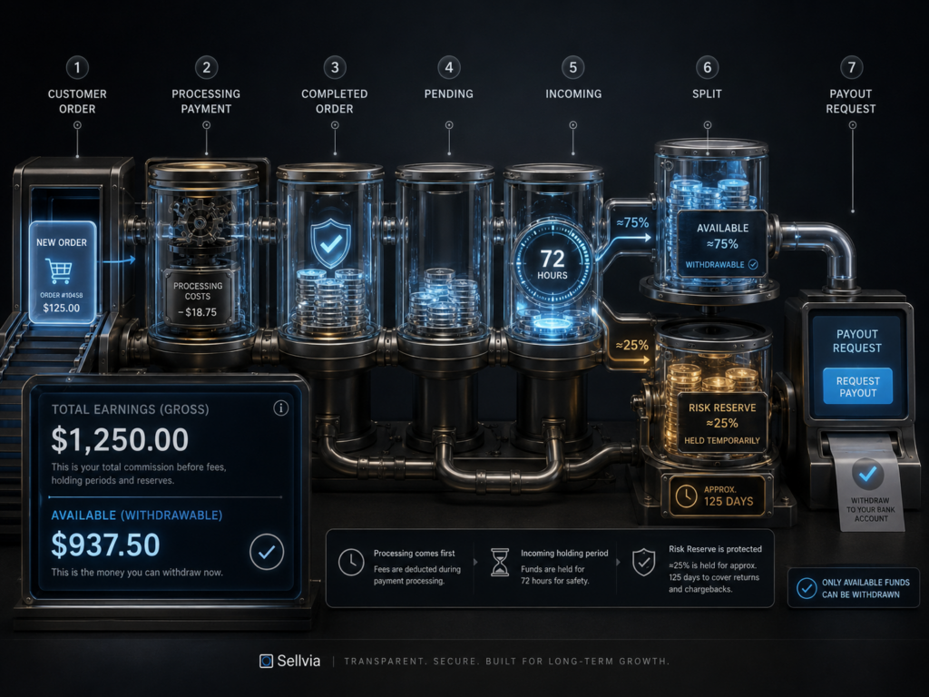 Sellvia Pending, Incoming, Available, and Risk Reserve Explained